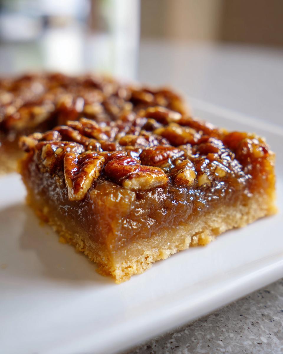 Close-up of a gooey pecan pie bars square showing the buttery crust and shiny pecan topping.