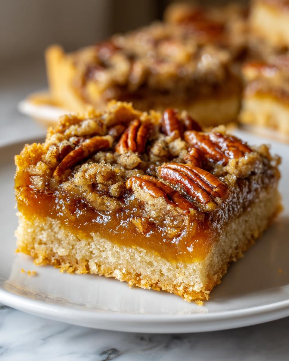 A close-up view of a single, gooey pecan pie bars square showing the shortbread crust and pecan topping.