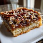 Close-up of a gooey pecan pie bars slice showing a thick, buttery shortbread crust and a rich pecan topping.