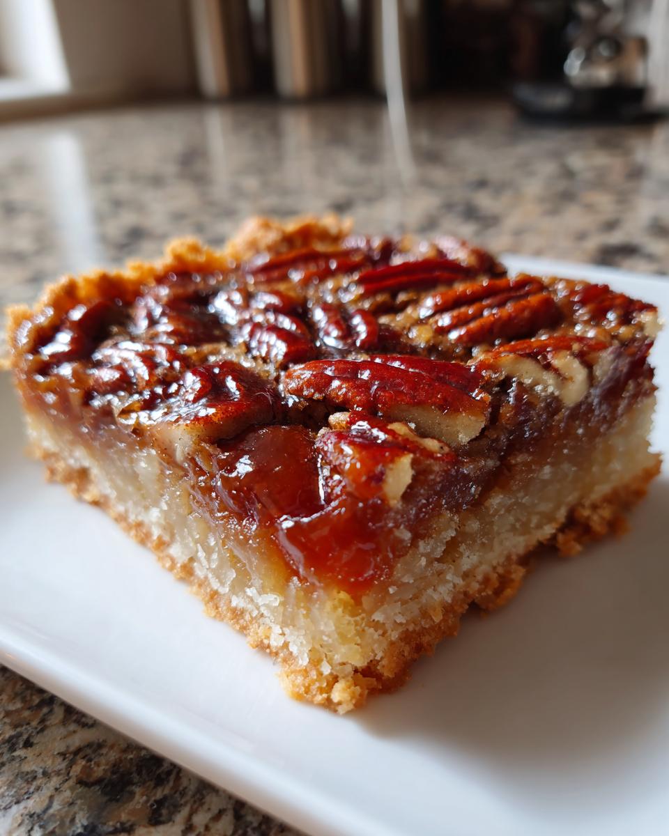 Close-up of a gooey pecan pie bars slice showing a thick shortbread crust and caramelized pecan topping.