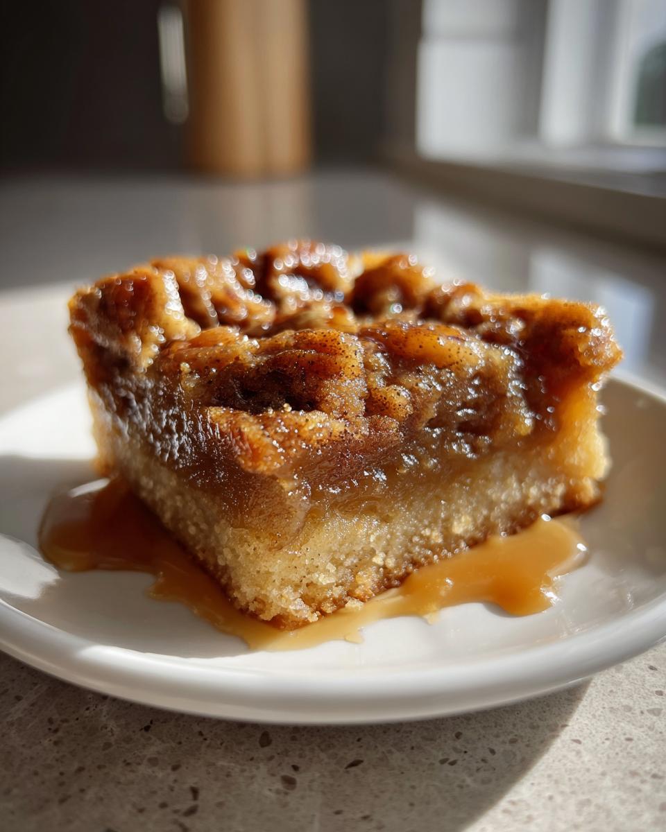 A close-up of a gooey pecan pie bars square served on a white plate with caramel sauce pooling underneath.