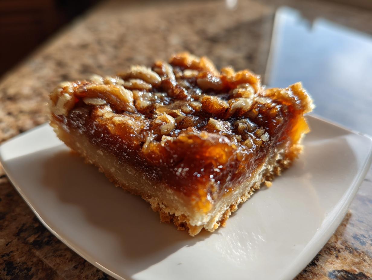 A close-up of a single, gooey pecan pie bars square with a thick, buttery crust, sitting on a small white plate.