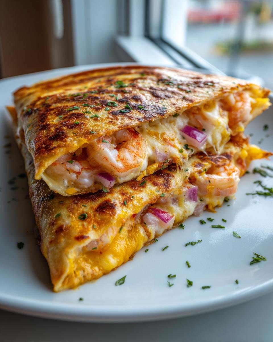 Close-up of a perfectly grilled shrimp quesadilla slice overflowing with shrimp, melted cheese, and red onion.