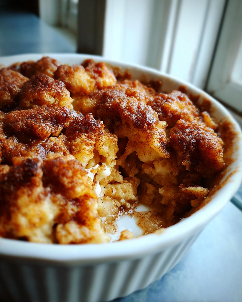 Close-up of a warm, gooey snickerdoodle cobbler baked in a white ramekin, showing the cinnamon sugar topping.