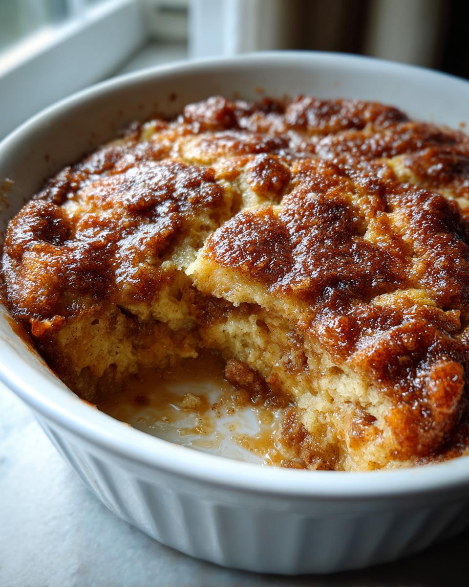 Close-up of a warm snickerdoodle cobbler with a gooey, caramelized topping in a white baking dish.