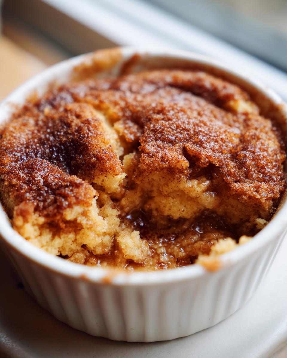 Close-up of a warm, gooey snickerdoodle cobbler topped with cinnamon sugar in a white ramekin.