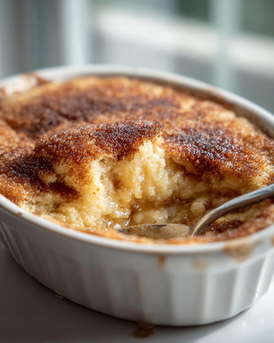 Close-up of a gooey snickerdoodle cobbler topped with cinnamon sugar, being scooped with a spoon from a white ramekin.