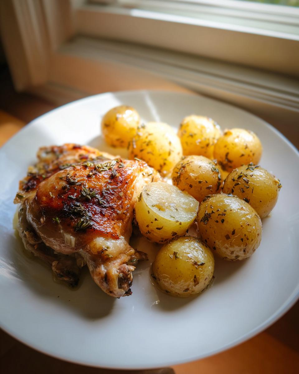 A serving of juicy Greek lemon chicken leg quarter next to roasted lemon potatoes on a white plate.