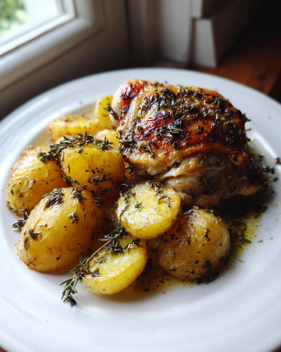A plate of juicy Greek lemon chicken served with roasted potatoes seasoned with herbs.
