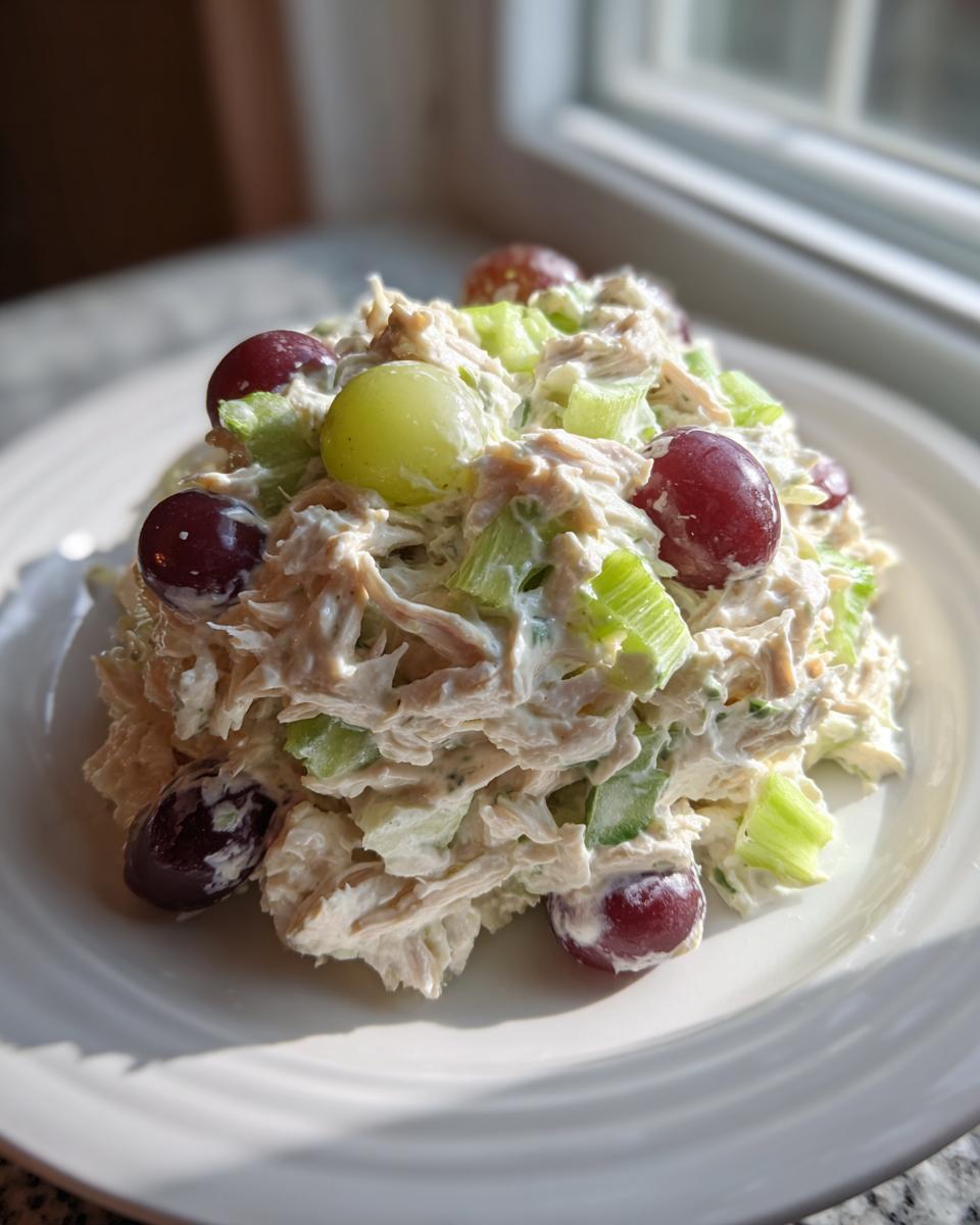 A mound of creamy greek yogurt chicken salad mixed with celery chunks and topped with red and green grapes on a white plate.