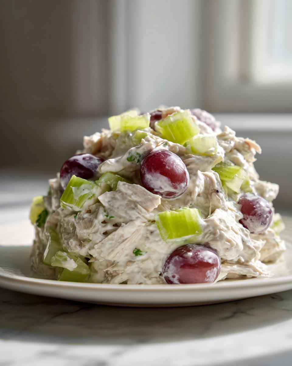 A mound of creamy greek yogurt chicken salad mixed with red grapes and chopped celery on a white plate.