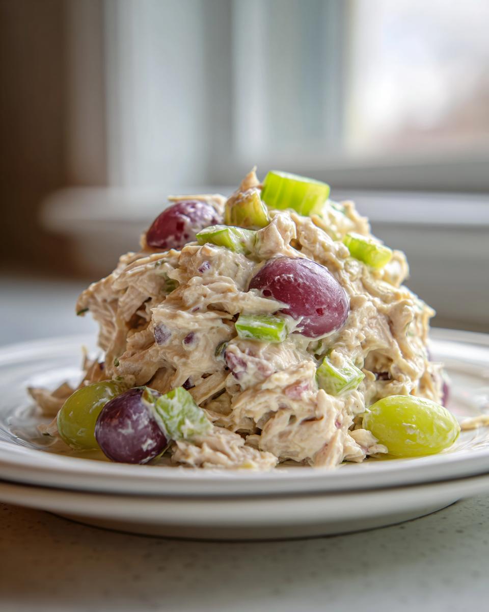 A mound of creamy greek yogurt chicken salad mixed with red and green grapes and celery on a white plate.