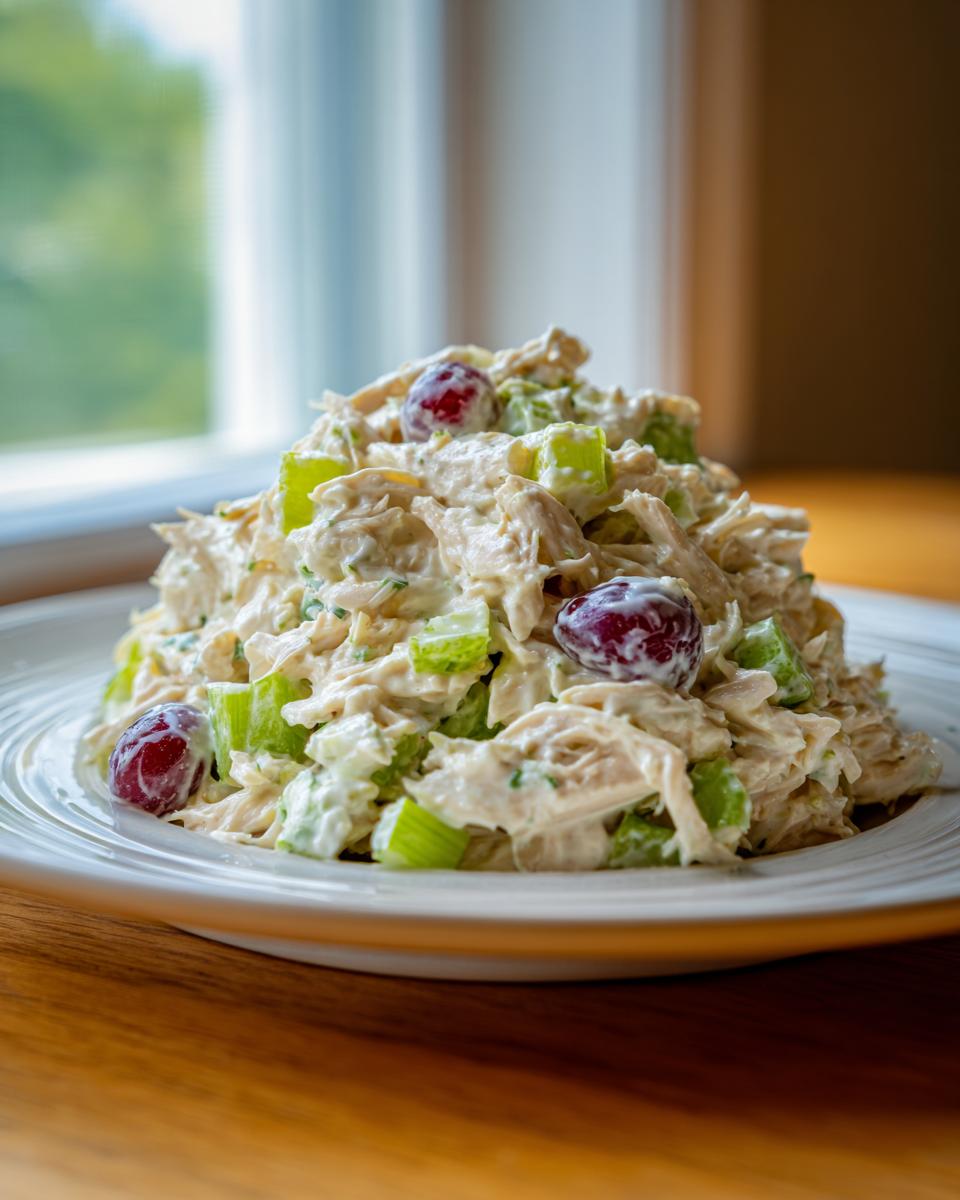 A mound of creamy greek yogurt chicken salad mixed with celery chunks and topped with red grapes on a white plate.