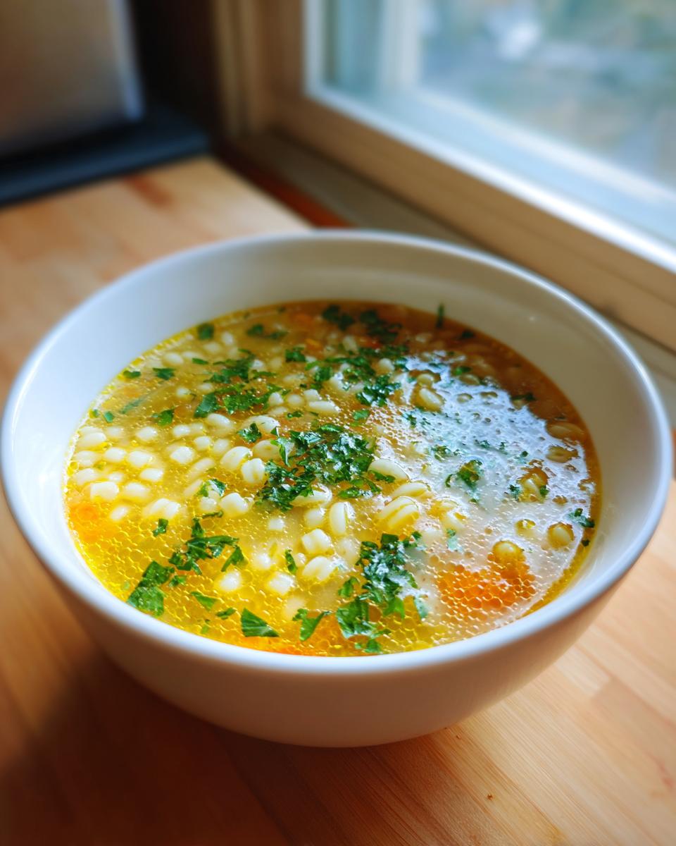 A white bowl filled with bright yellow pastina soup, featuring small pasta, carrots, and fresh parsley garnish.