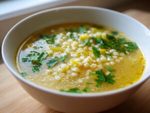 Close-up of a white bowl filled with golden broth pastina soup, garnished with fresh parsley.