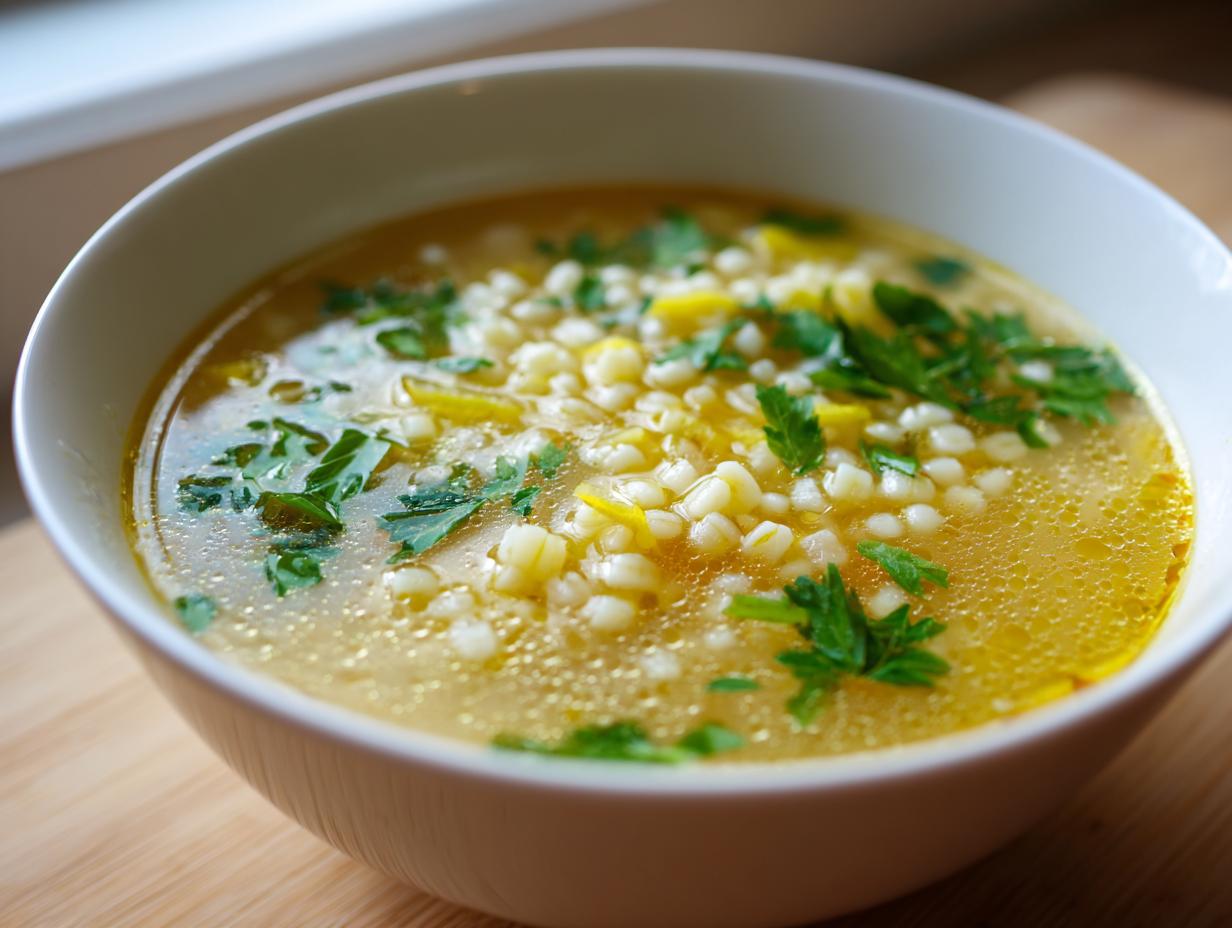 Close-up of a white bowl filled with golden broth pastina soup, garnished with fresh parsley.