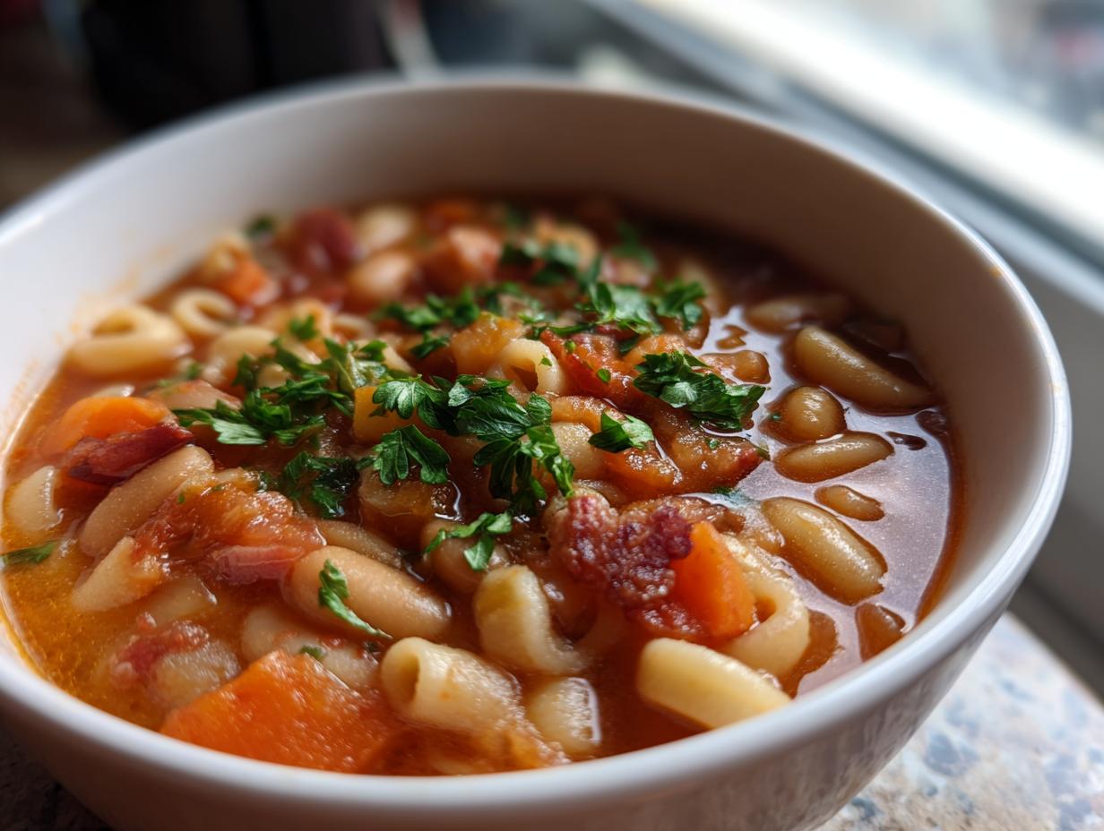 Close-up of a white bowl filled with rich Pasta e Fagioli soup featuring beans, small pasta, and fresh parsley.