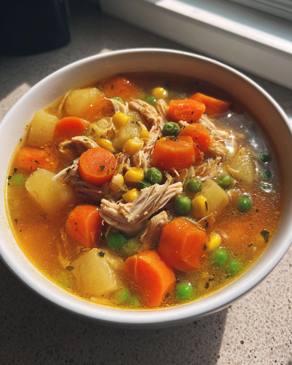 Close-up of a white bowl filled with vibrant chicken vegetable soup, featuring shredded chicken, large carrot chunks, peas, and corn.