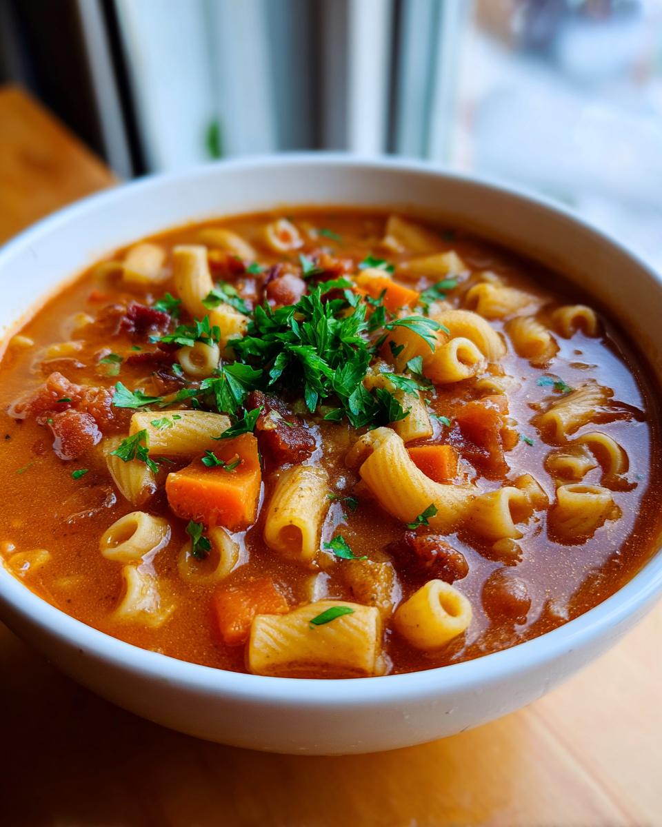 Close-up of a steaming bowl of rich, tomato-based pasta e fagioli soup topped with fresh parsley.