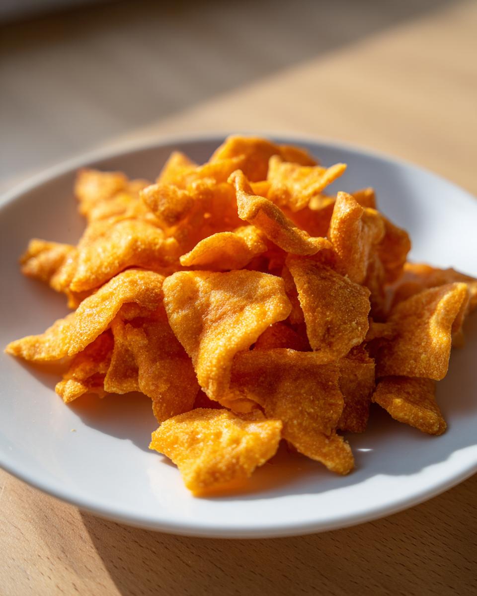 A close-up of a pile of bright orange, crispy homemade cheese crackers served on a small white plate.