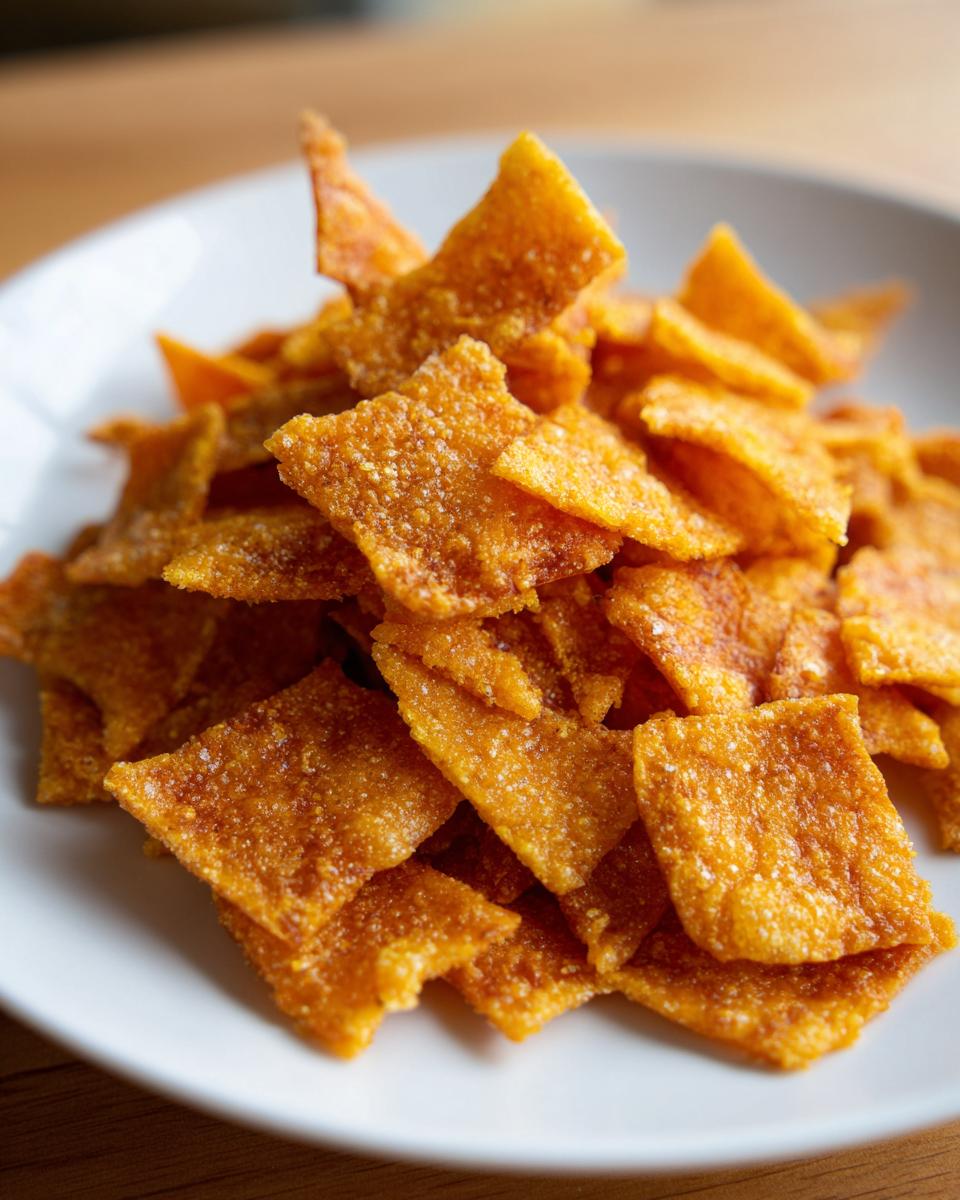 Close-up of a white plate piled high with crispy, orange, homemade cheese crackers.