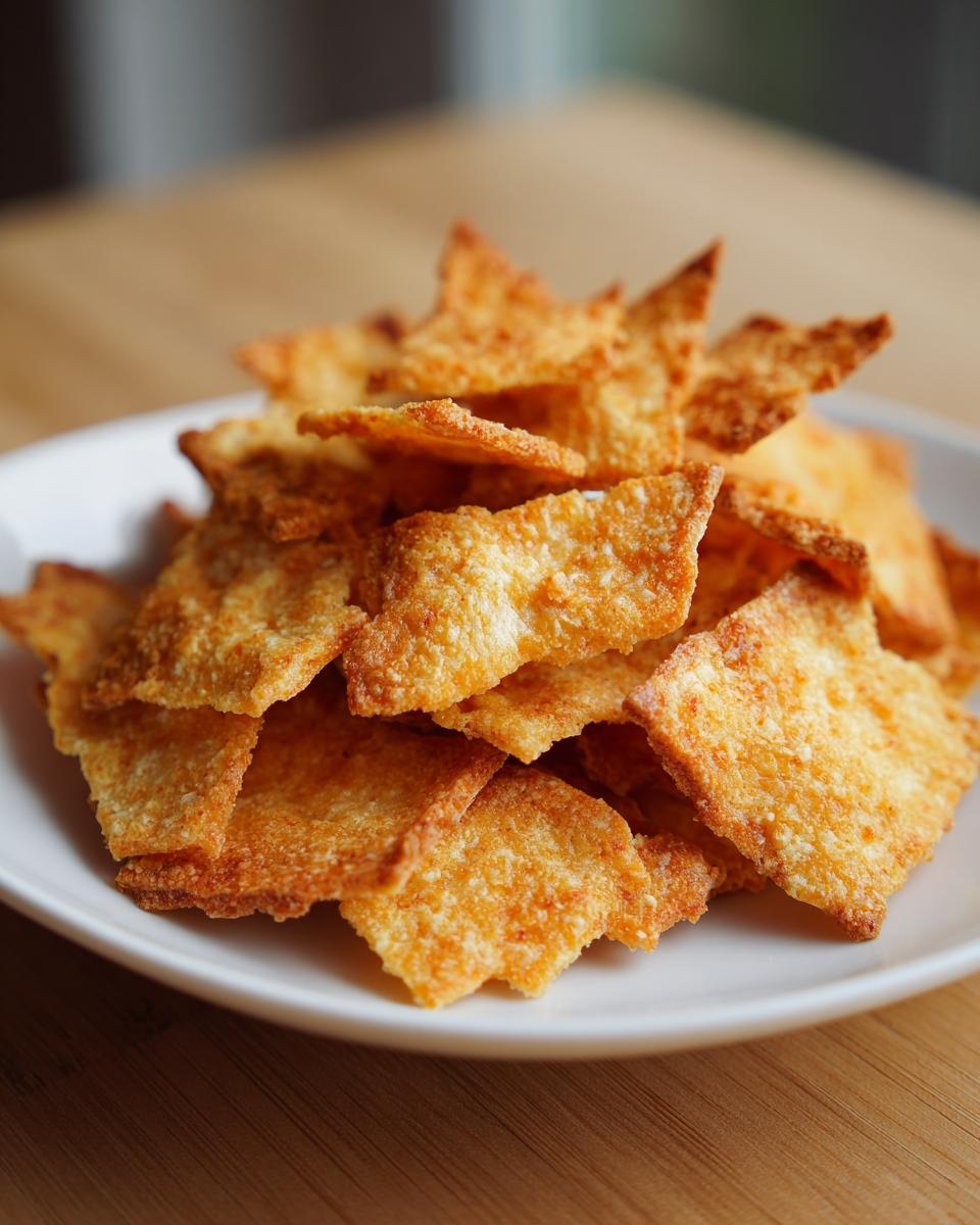 A close-up of a mound of golden, crispy homemade cheese crackers piled high on a small white plate.