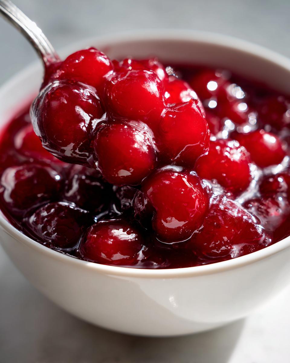 A spoonful of glistening, thick cherry pie filling being lifted from a white bowl.