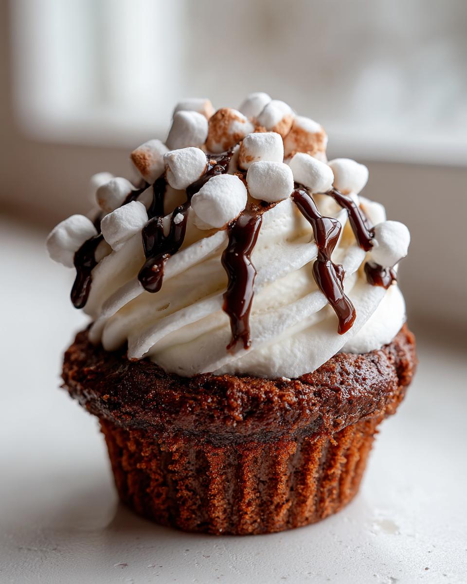 Close-up of a rich chocolate cupcake topped with white frosting, chocolate drizzle, and mini marshmallows.