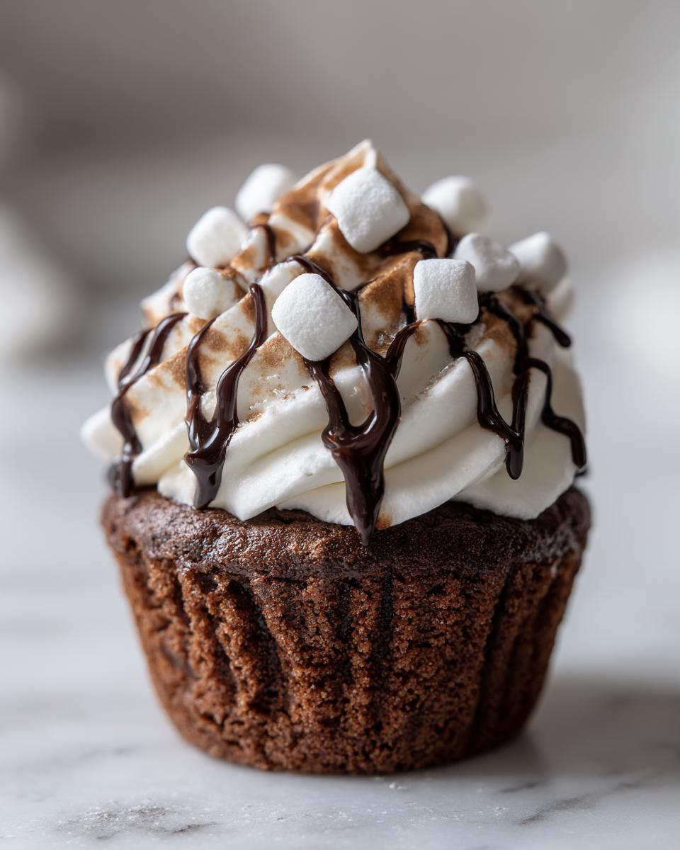 A close-up of a rich chocolate hot chocolate cupcake topped with white frosting, chocolate drizzle, and mini marshmallows.