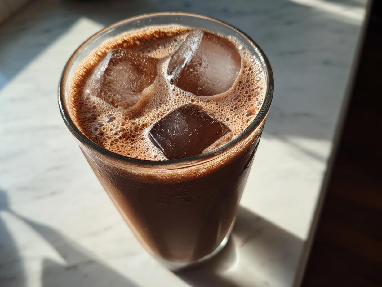 Close-up overhead view of a tall glass filled with rich, foamy chocolate milk and ice cubes.