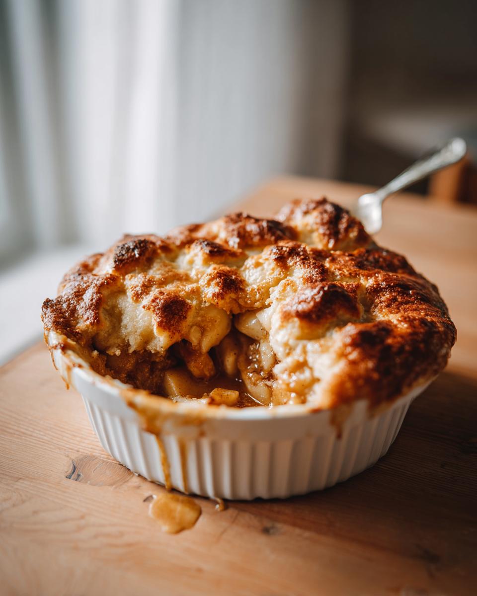 Close-up of a golden brown, bubbling topping on an individual apple cobbler in a white ramekin.