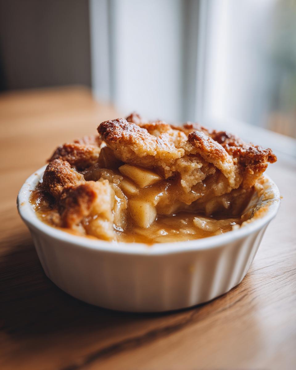 A close-up view of a warm, bubbling individual apple cobbler in a white ramekin, showing the baked topping and spiced apples.
