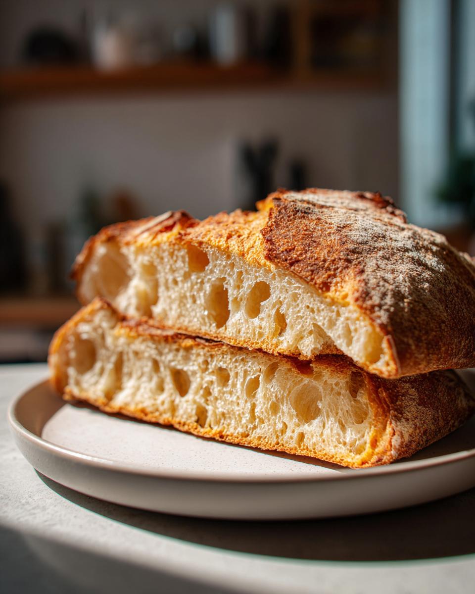 Two thick slices of airy italian bread stacked on a plate, showing the open, bubbly crumb structure.