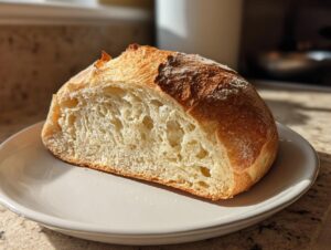 A thick slice of freshly baked italian bread showing an open, airy crumb texture on a light plate.