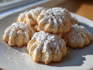 A pile of freshly baked Italian butter cookies, shaped like flowers and heavily dusted with powdered sugar, resting on a white plate.