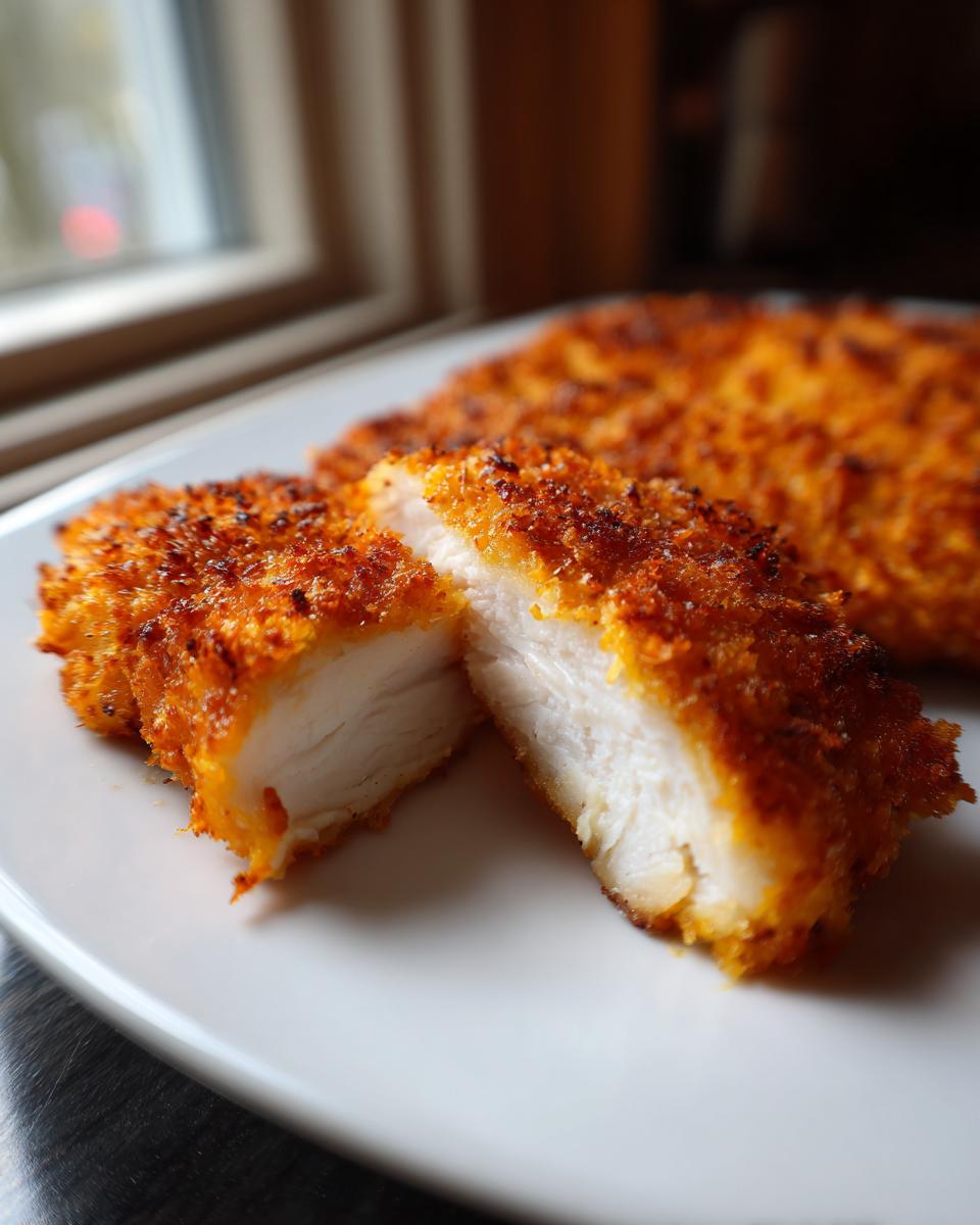 Close-up of perfectly cooked air fryer chicken breast, showing juicy white meat inside a crispy, golden-brown coating.