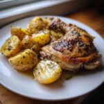 A serving of juicy Greek lemon chicken thigh next to roasted potatoes seasoned with herbs.