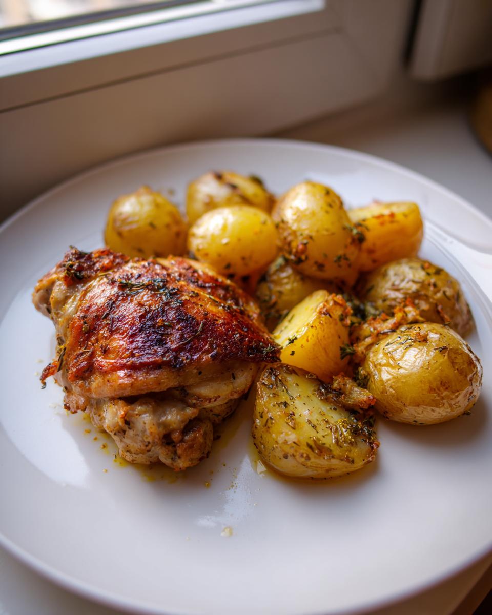 A serving of juicy Greek lemon chicken thigh next to roasted, herb-seasoned potatoes on a white plate.