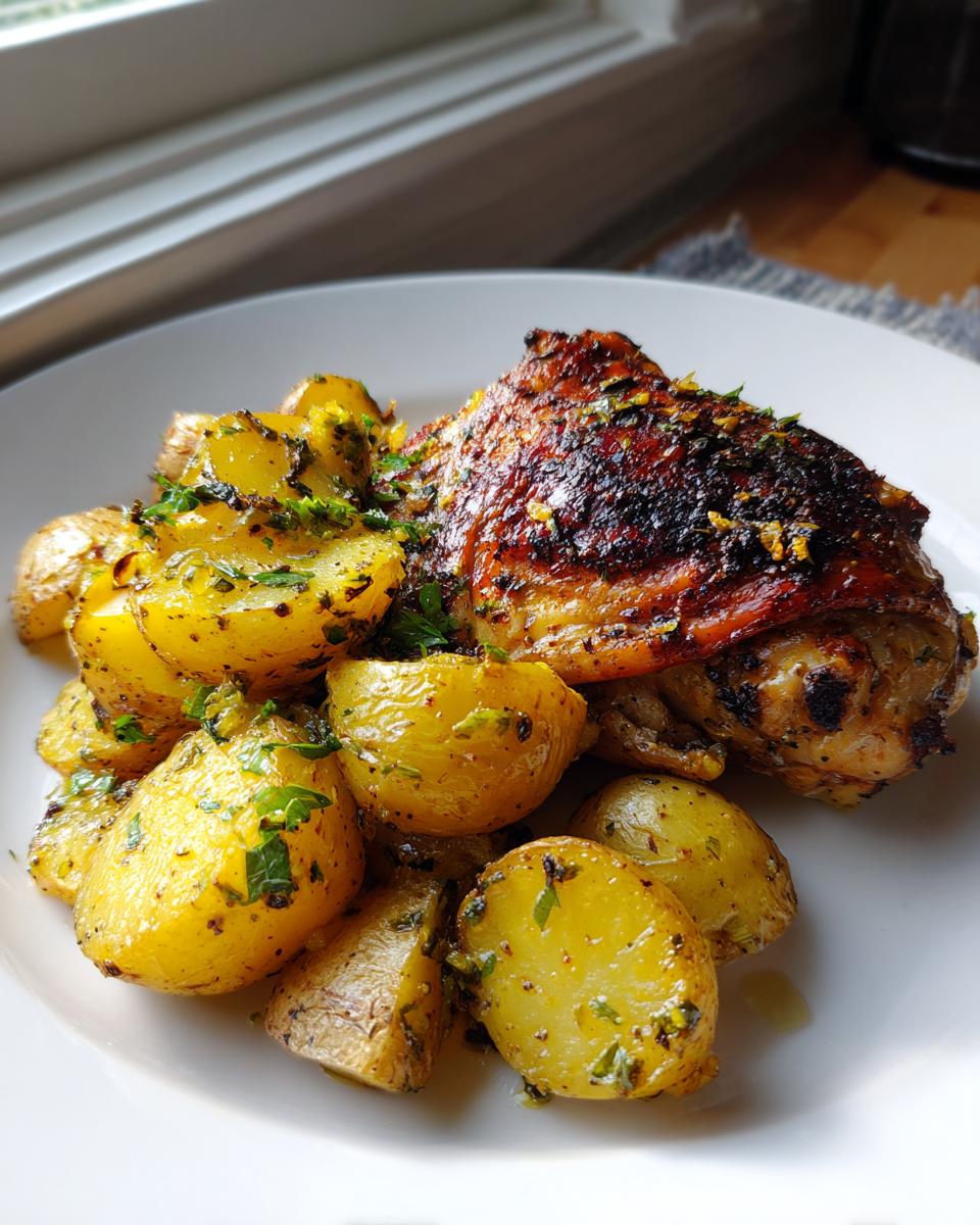 A plate featuring a piece of crispy Greek lemon chicken next to roasted potatoes seasoned with herbs.