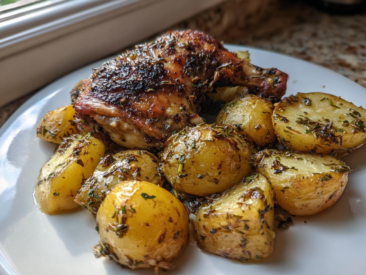 A serving of juicy Greek lemon chicken leg quarter served with herb-roasted potatoes on a white plate.