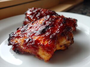 Close-up of two pieces of juicy bbq chicken coated in a thick, glossy, caramelized sauce on a white plate.