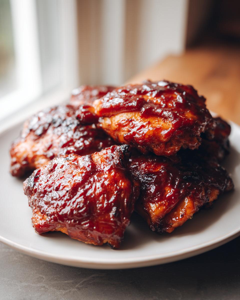 Close-up of several pieces of juicy, glazed bbq chicken thighs stacked on a light plate.