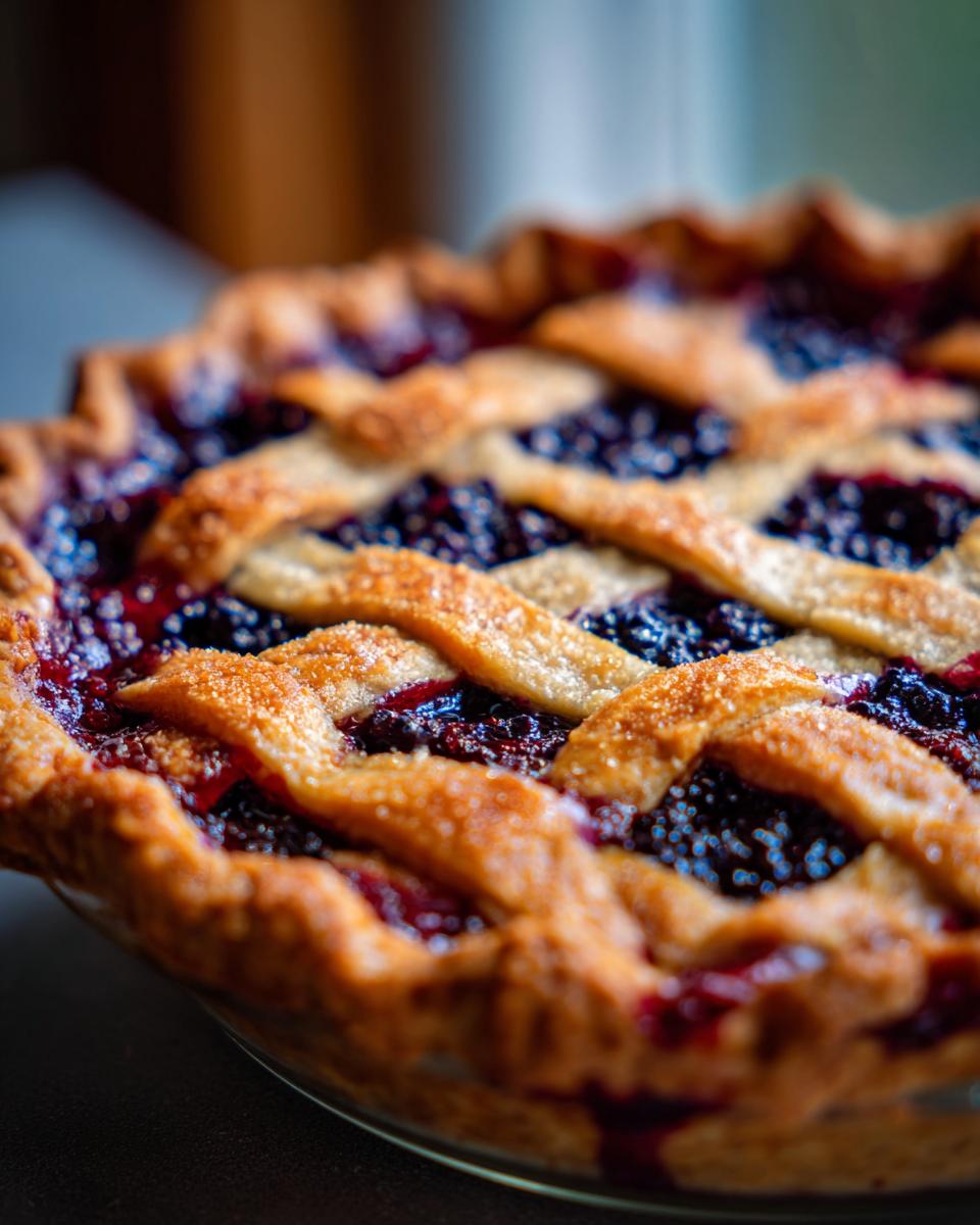 A close-up, detailed shot of a freshly baked blackberry pie featuring a golden lattice crust sprinkled with sugar.
