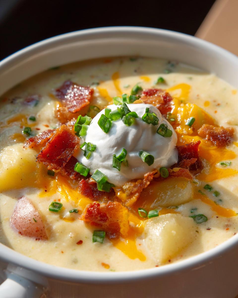 Close-up of a bowl of creamy loaded baked potato soup topped with sour cream, bacon, and chives.