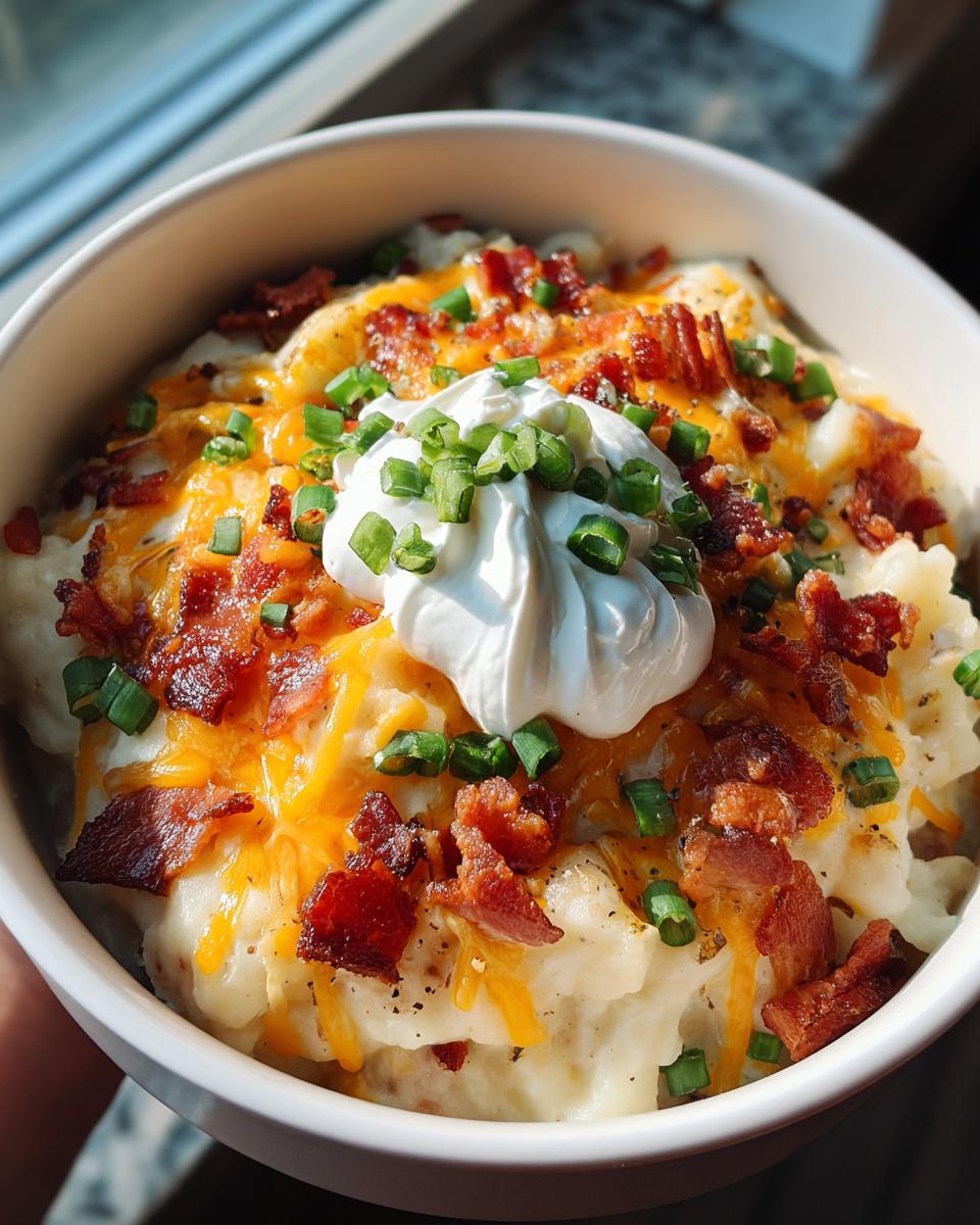 A close-up of a bowl of thick loaded baked potato soup topped with melted cheddar, bacon bits, sour cream, and chives.