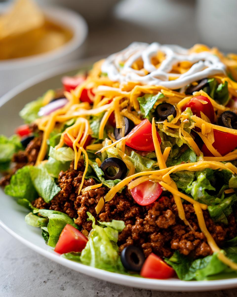 A close-up view of a fresh taco salad featuring seasoned ground beef, lettuce, tomatoes, black olives, shredded cheese, and a dollop of sour cream.
