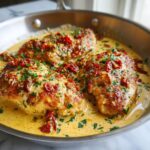 Three seared chicken breasts covered in a rich, creamy sauce, sun-dried tomatoes, and parsley, ready to serve as Marry Me Chicken.