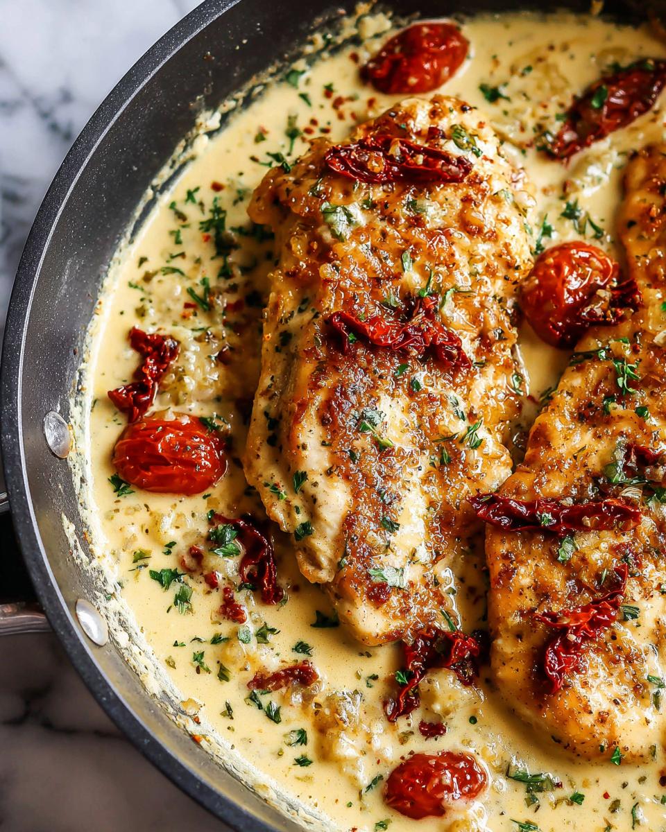 Close-up of golden-brown Marry Me Chicken breasts simmering in a rich, creamy sauce with sun-dried tomatoes and herbs.