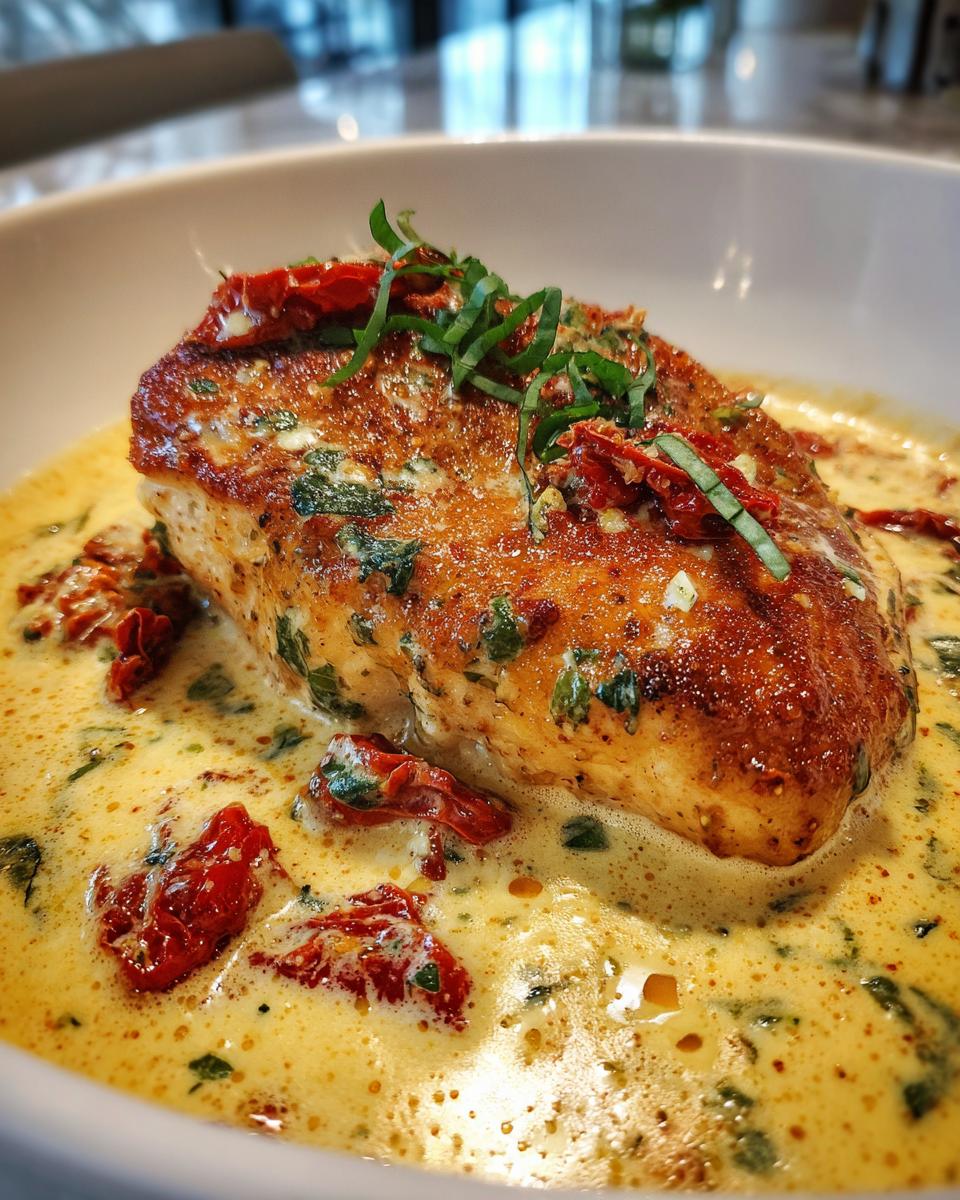 Close-up of a seared chicken breast submerged in a creamy sauce with sun-dried tomatoes, part of the Marry Me Chicken recipe.
