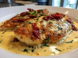 Two golden-brown chicken breasts smothered in creamy sauce, topped with sun-dried tomatoes and herbs, ready to serve as Marry Me Chicken.
